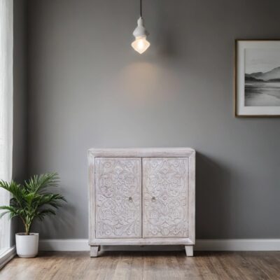 VIENNE White Distressed Hand-Carved Mango Wood Cabinet