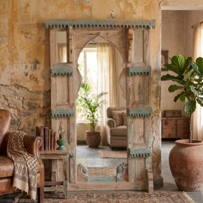 HAMESHA Blue Teak Temple Arch Mirror