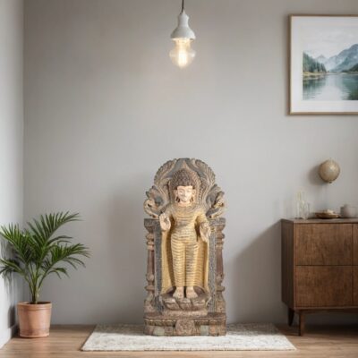 HAMESHA Hand-Carved Colourful Standing Buddha Wooden Statue